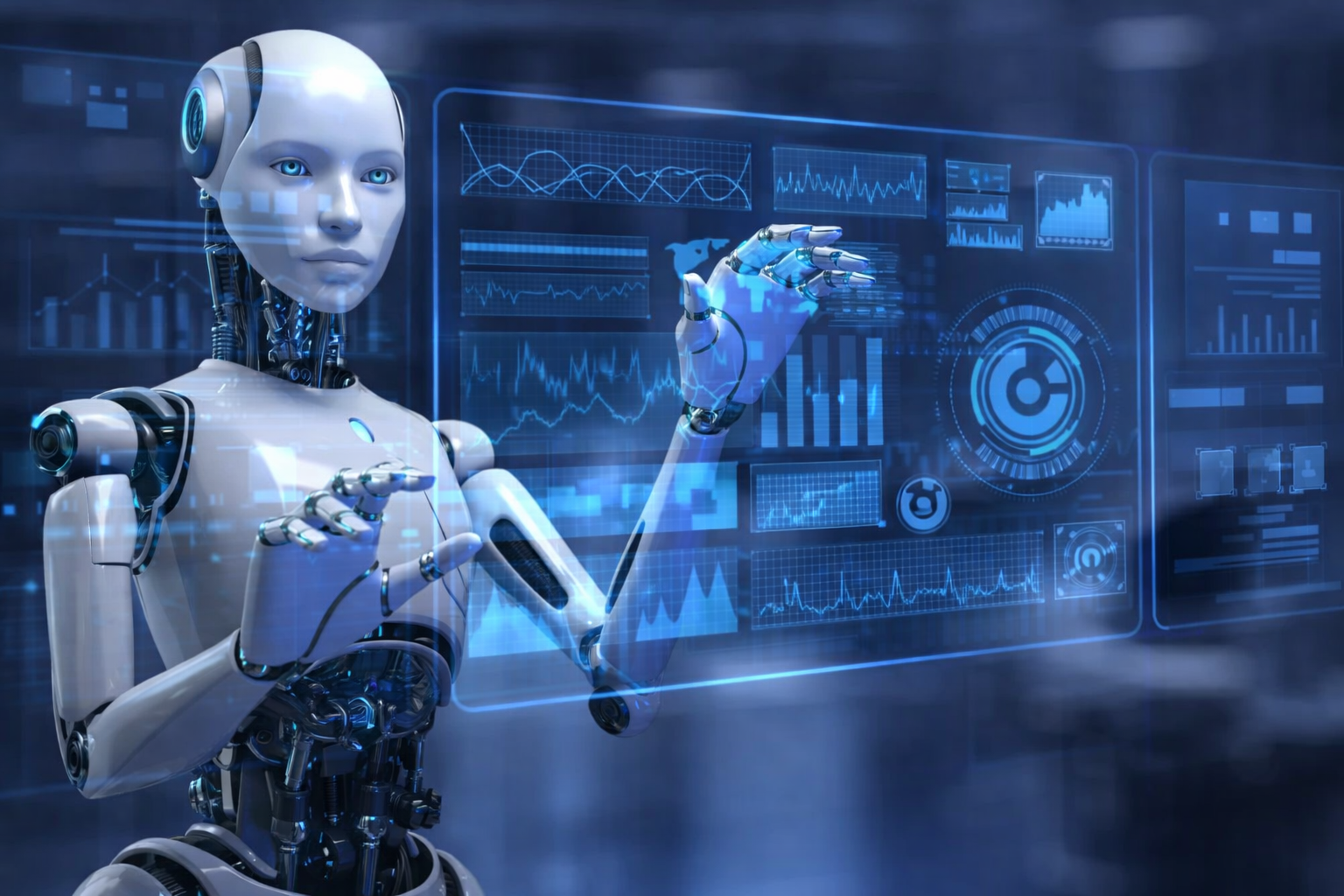 AI Robot analyzing holographic data