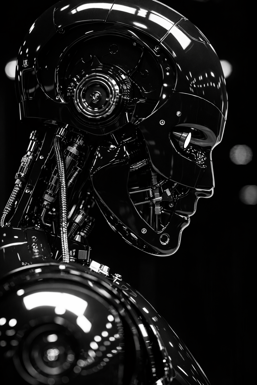 Chrome mechanical head in darkness