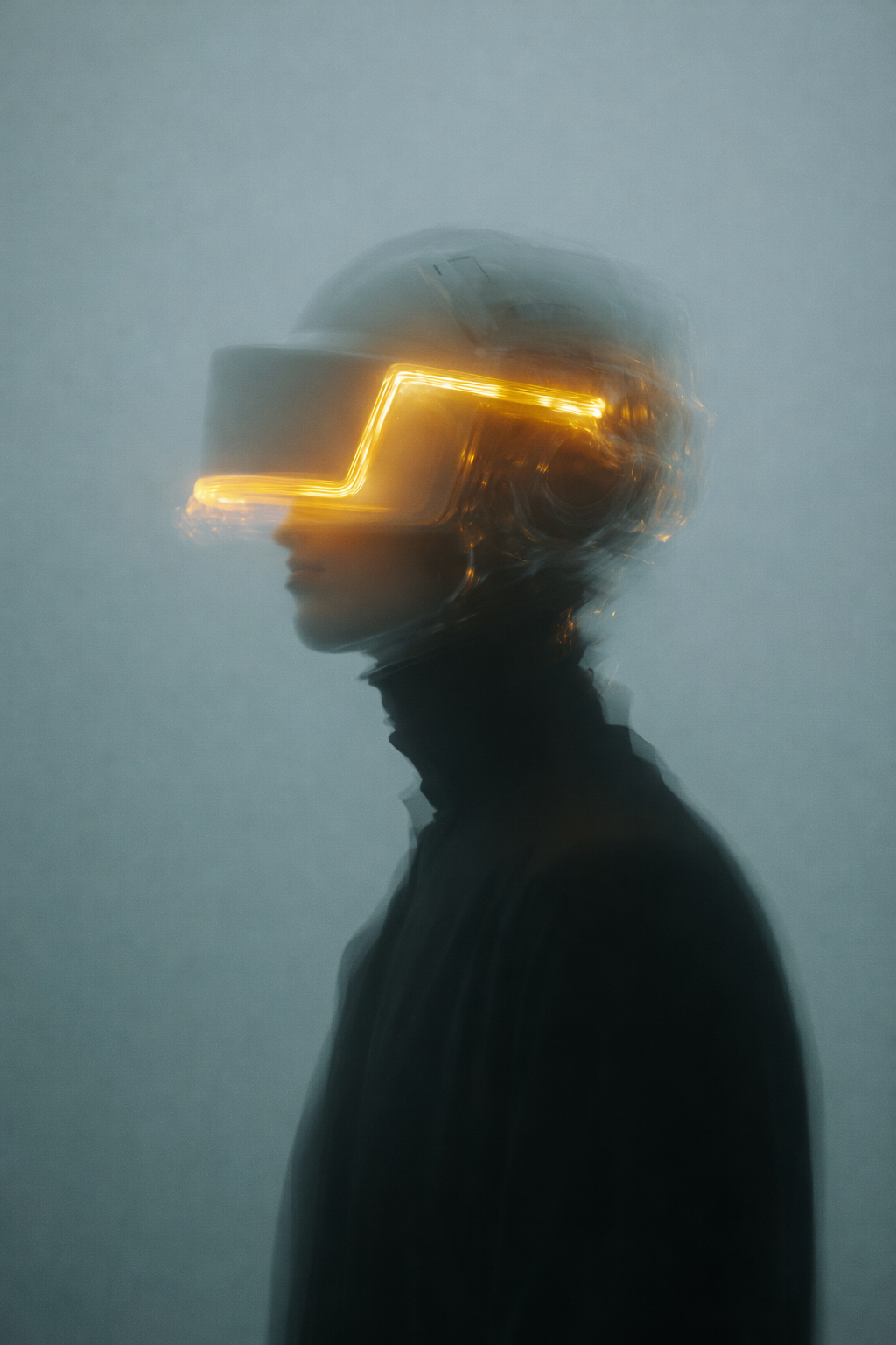 Person wearing glowing VR helmet — augmented future of AI