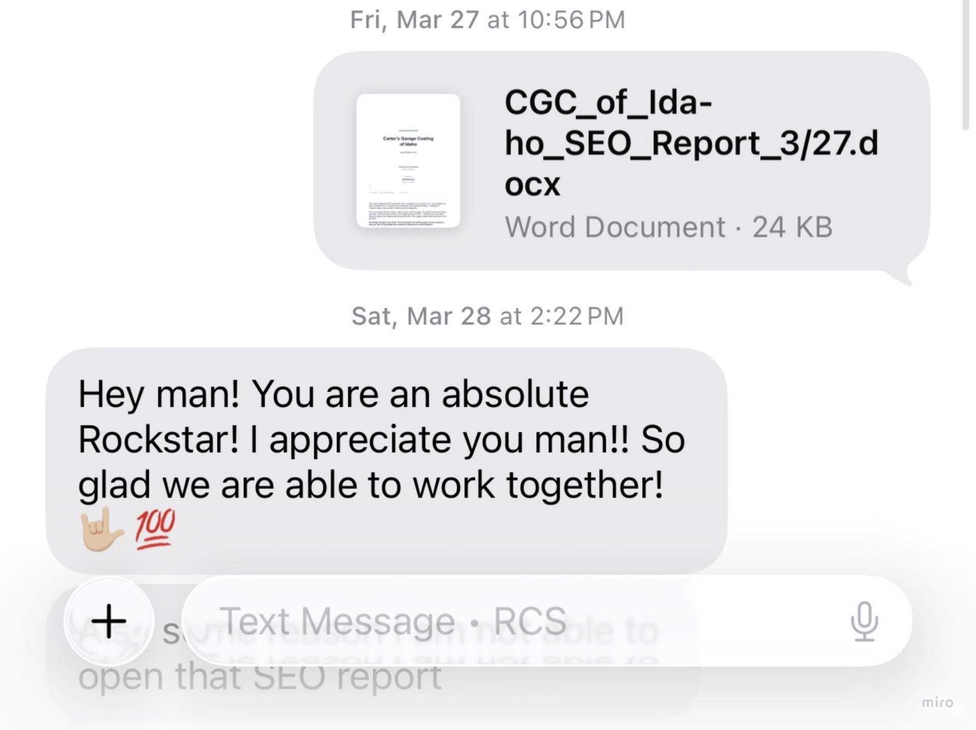 Text message from Carter praising Automaus website work