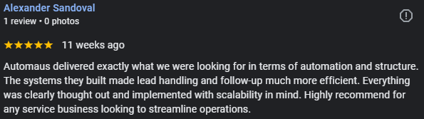 5-star Google review from Alexander Sandoval for Automaus.ai