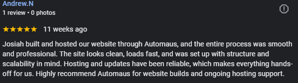 5-star Google review from Andrew N. for Automaus.ai